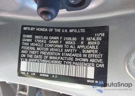 2017 Honda Civic Ex from USA, damaged, VIN SHHFK7H55HU408082